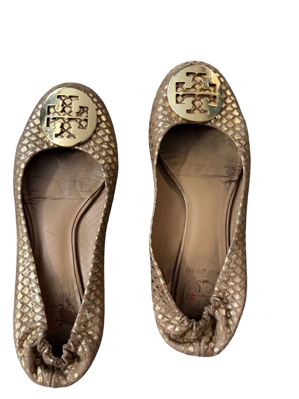 Tory Burch Metallic Taupe Snakeskin Leather Logo Ballet Flats Size 6.5